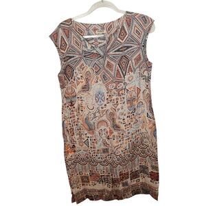 Ivko Dress Beige Multicolor Linen Geometric V-Neck Sleeveless Midi Sz 40 US 10
